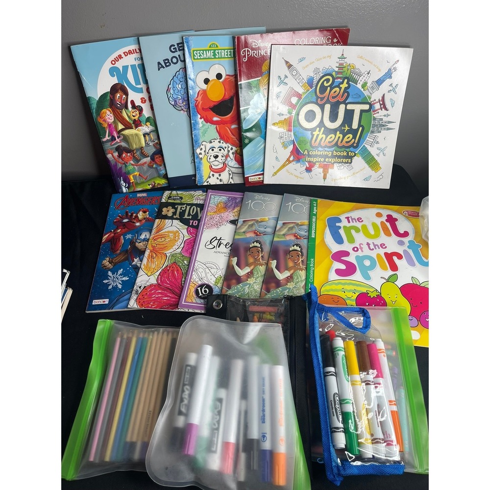 Kids Art Activity Lot Disney Princess Marvel Sesame Street Markers Pencils Books